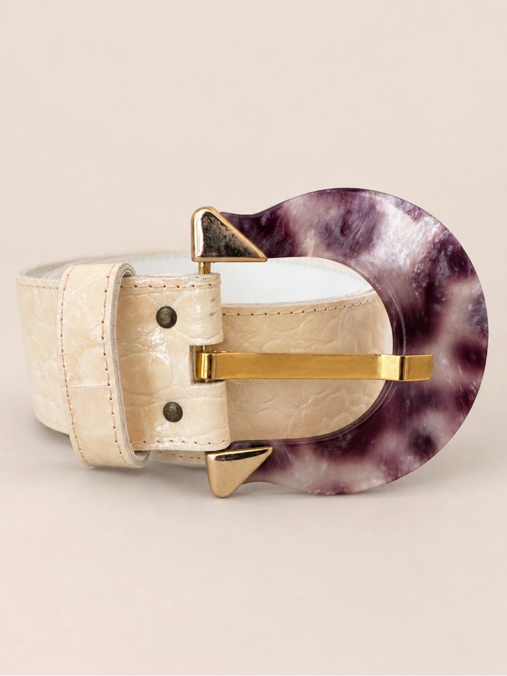 Simon Chang Patent Embossed Leather Waist Belt Iridescent Marble Buckle Cream S